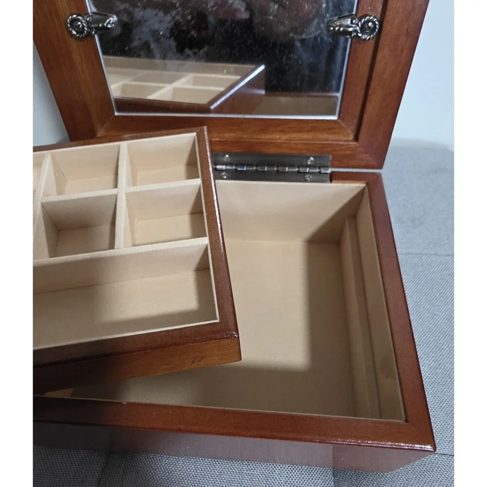 New Vintage Jewelry Box Velvet Lined Tray Ornate Pewter Photo Frame & Mirror NiB